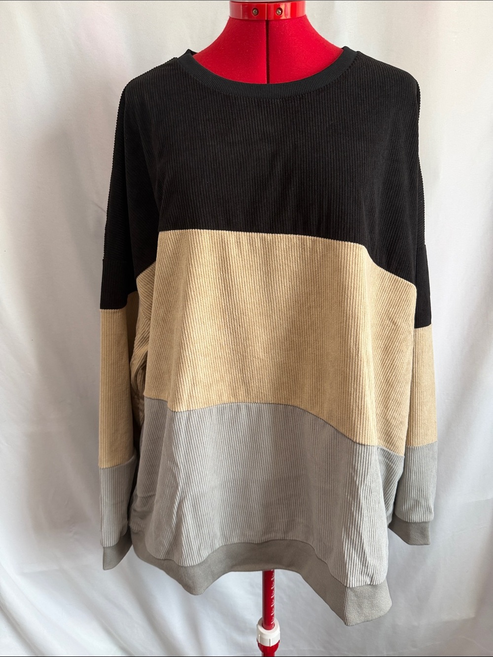 Colorblock Corduroy Oversized Sweatshirt - Black, Beige & Light Gray